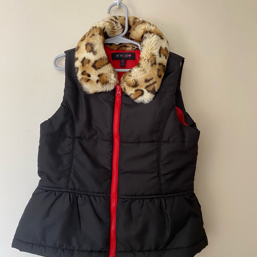 Energie Black Vest with Leopard Faux Fur Collar Sz M (Girls)